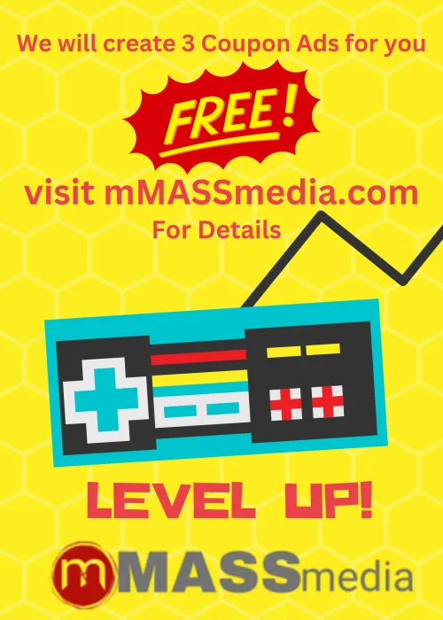 Bright yellow ad with retro game controller and red "FREE!" badge.