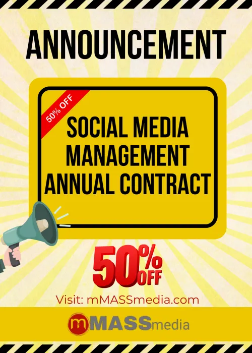 Social media management annual contract, 50% off, yellow background, black border.